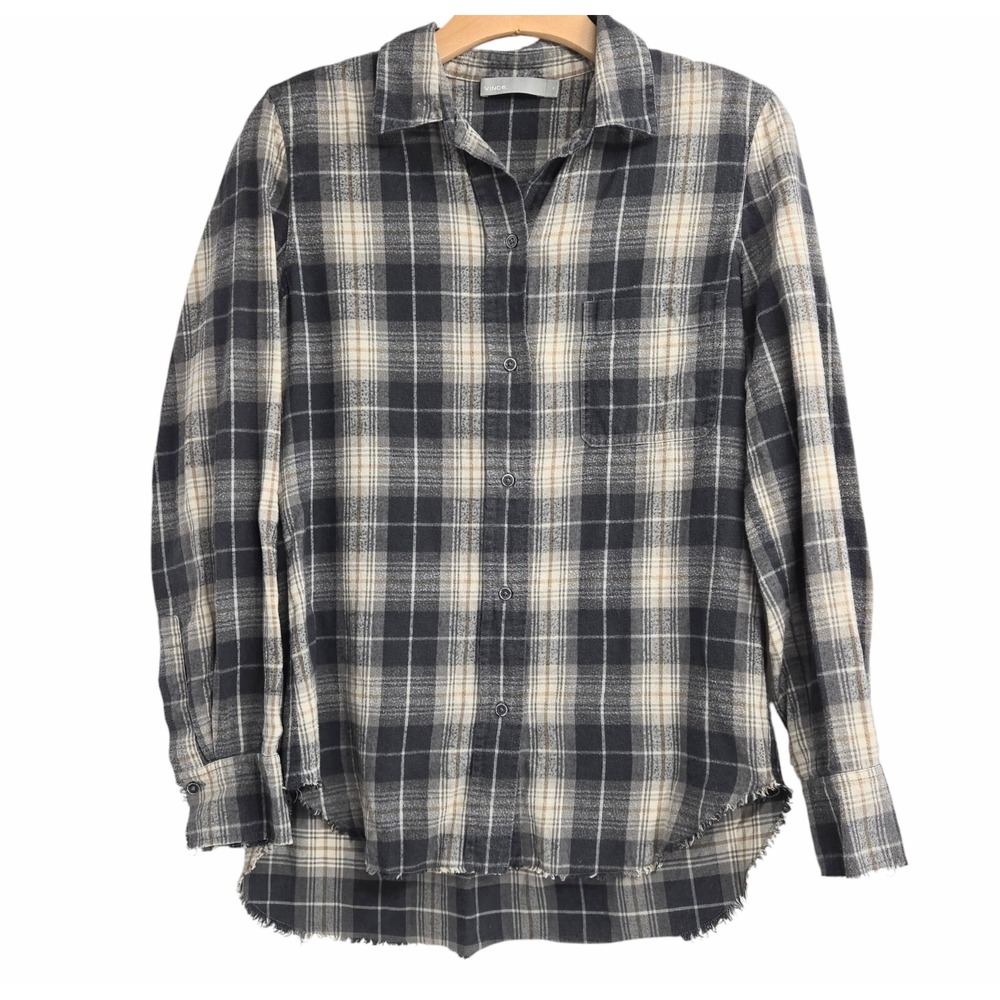 Vince Shirt Women's Small Gray Tan Flannel Plaid Raw Hem Japanese Cotton Button